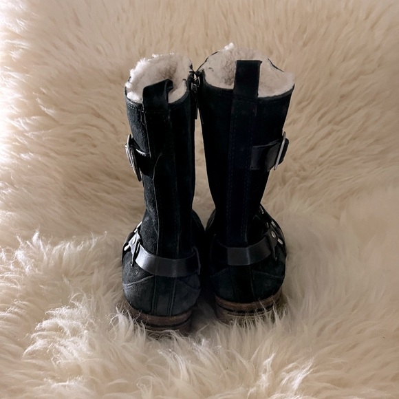 UGG Black Suede Buckle Moto Sherpa Hiking Winter Ankle Boots - Picture 5 of 7